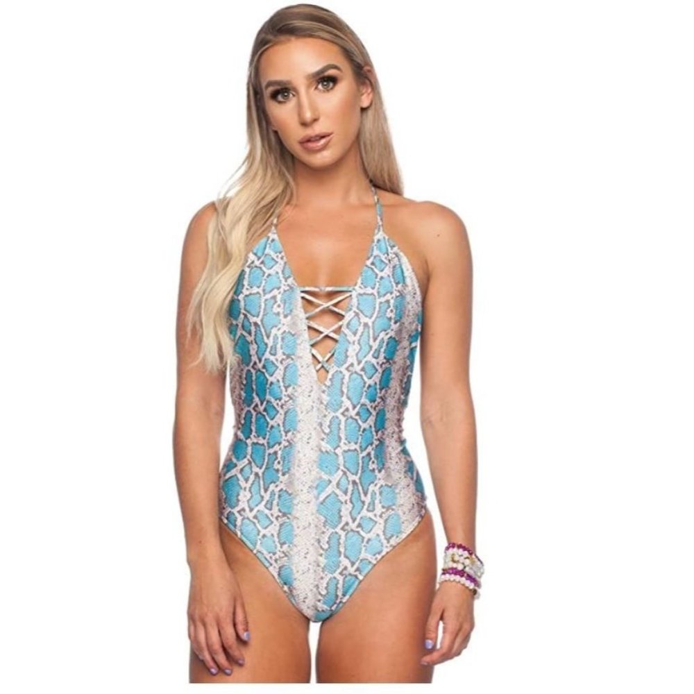 BuddyLove Women’s Brooke Lace Up Low Back One Piece Swimsuit Azul Blue in Small